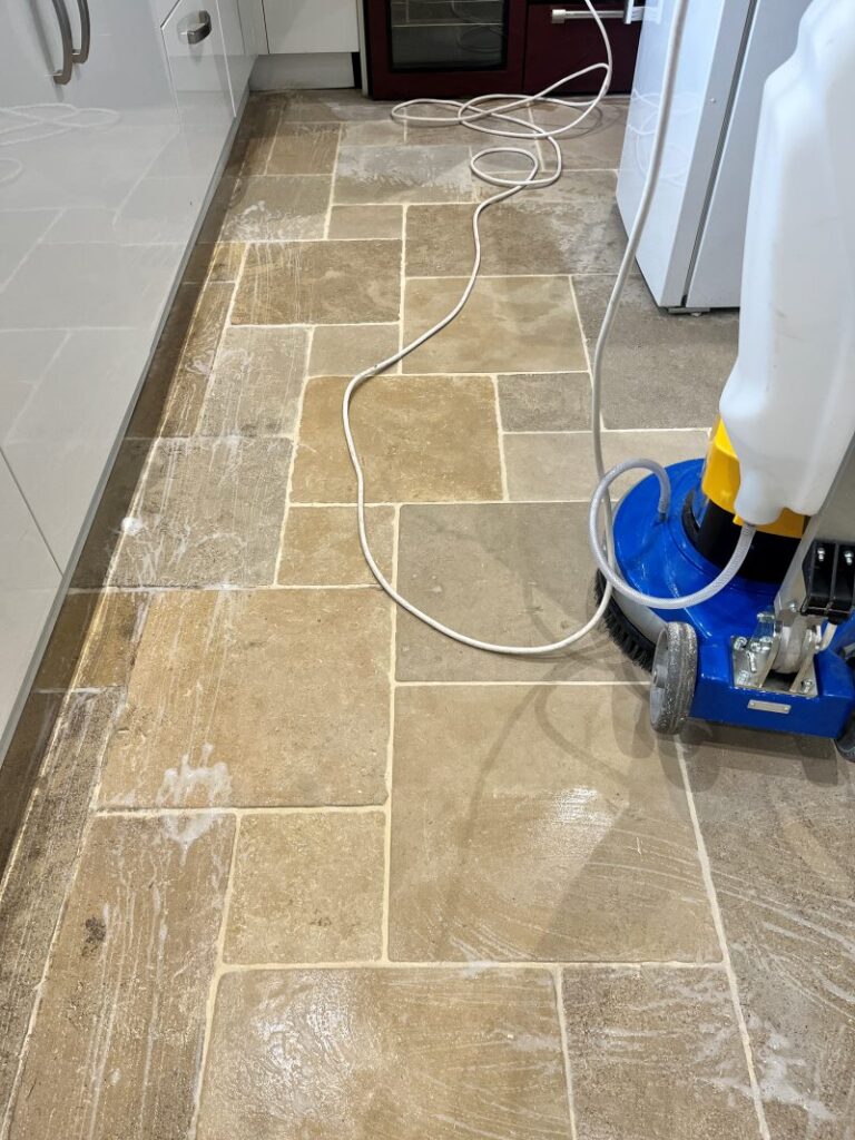 Limestone Tiled Kitchen Floor During Cleaning Whitley Bay